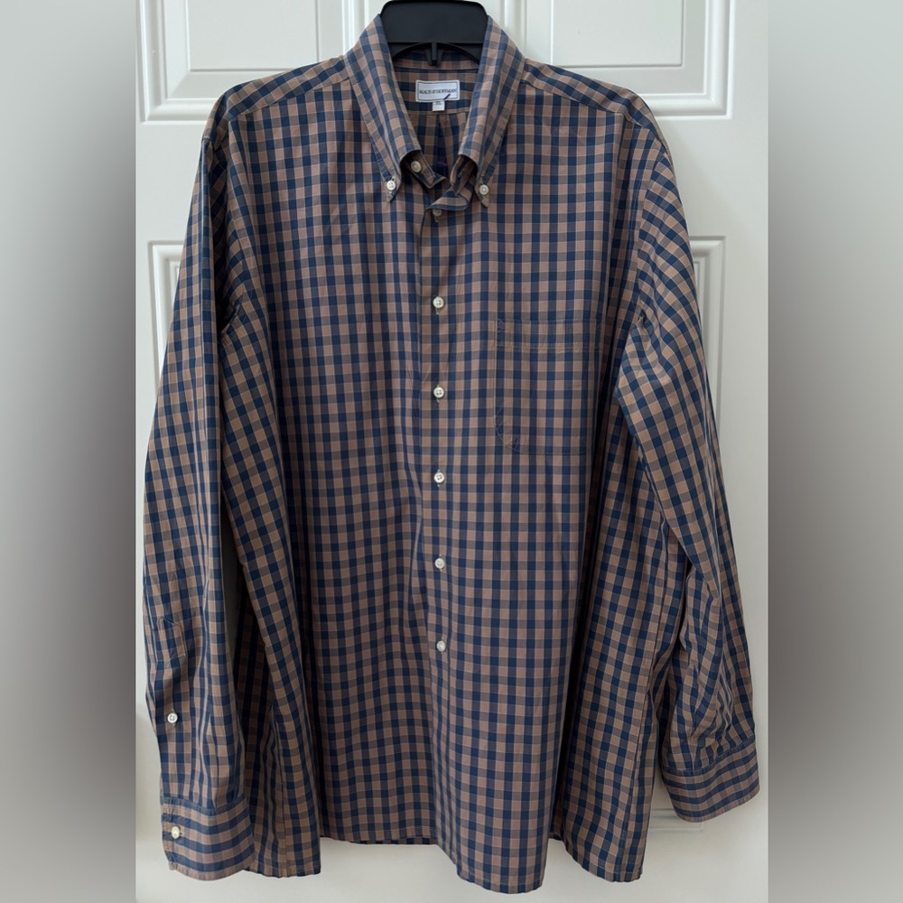 Maus & Hoffman Men's XL Blue Tan Checkered Classic Button Down Shirt